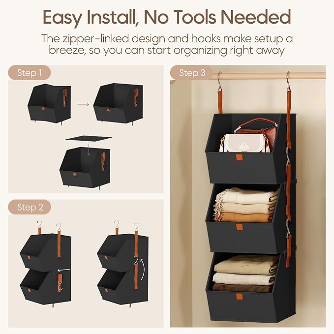 Collapsible Hanging Closet Organizer - 6 Tier Closet Shelves Storage System with Hooks, Fabric Hanging Storage Bins for Clothes, Foldable Storage Basket for Laundry, Bedroom, Rv, Black - Image 7