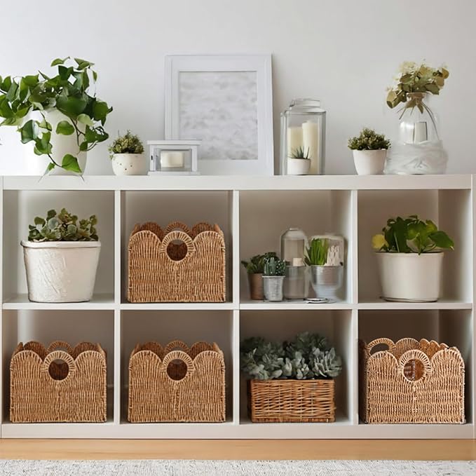 Leinuosen 4 Packs Scalloped Wicker Storage Basket Paper Rope Pantry Baskets for Shelves Organizing Toilet Paper Foldable Rattan Cube Storage Bins Boho Organizer Bins for Home, 13 x 11 x 7.9 Inches - Image 7