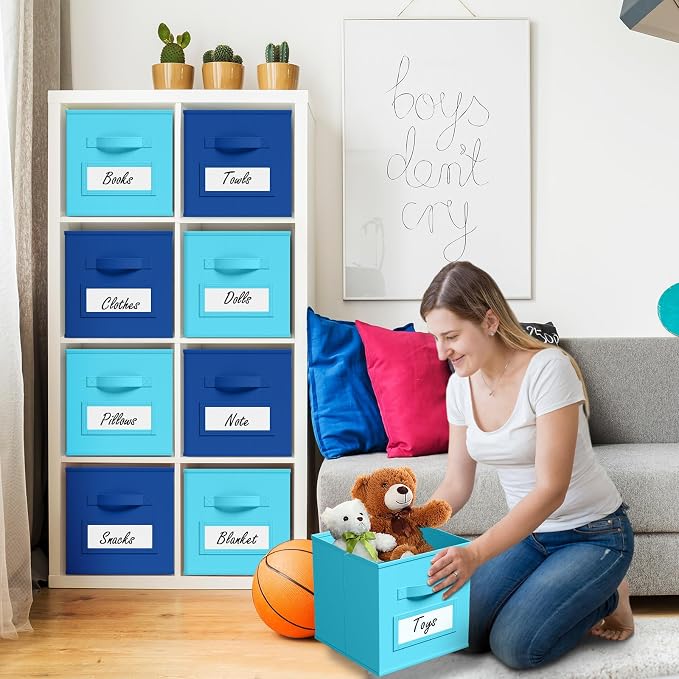 Teenyyou 10 Pack Fabric Storage Cubes 11 Inch Collapsible Cube Bins with Label Window & Handle Foldable Organizers Baskets for Shelf Closet Nursery Kids Room Clothes Book Toy(Lake Blue, Navy Blue) - Image 6
