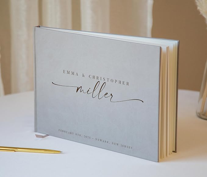 Personalized Guest Book - 11.5" x 8.5" Custom Bride & Groom Names with Bookmark and Hard Cover 140 GSM Blank Pages, for Weddings Guest Book, Engagements, Birthdays, Special Events, Taupe - Image 6
