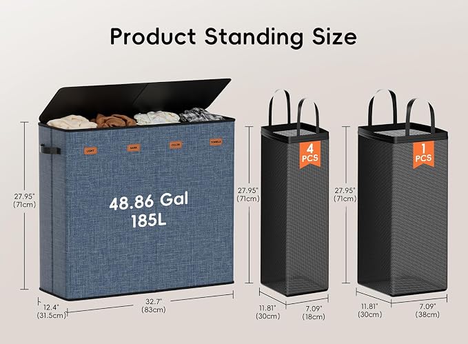 Laundry Hamper 4-Section with Lid, 185L Laundry Sorter with 4 Removable Bags + 1 Extra Large Bag, Switchable 3/4 Compartment, Laundry Basket Organizer for Bedroom, Laundry Room,Navy Bule - Image 6