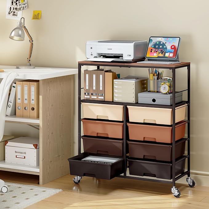 Rolling Storage Cart with 8 Large Drawers, Wooden Tabletop | Open Storage Shelves, Mobile Craft Organizer with Lockable Wheels for Home, Classroom, Office Supplies & Art Studio,Brown - Image 8