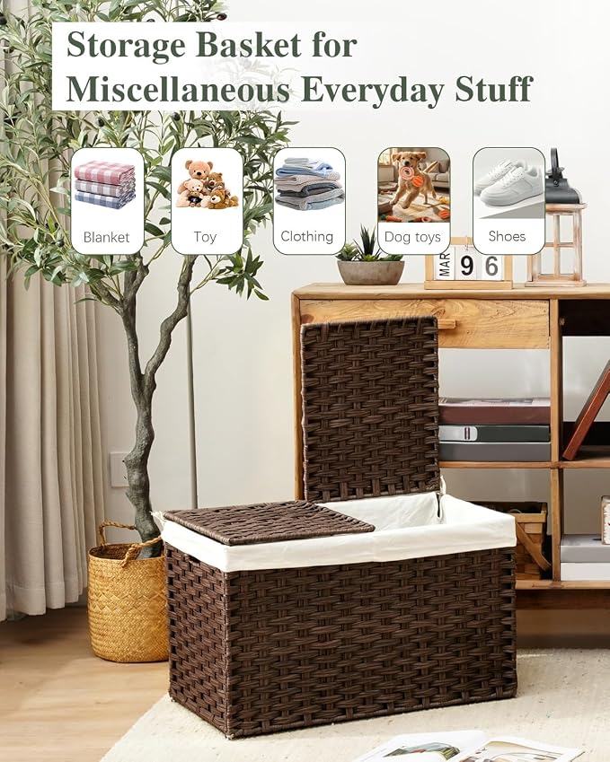 SETVSON Storage Basket with Lid Wicker Baskets for Storage, 160L Brown | 42.3 Gallon Storage Bin with 2 Separate Lids, 2 Removable Liners for Clothes & Blankets, Sturdy Metal Frame, PE Rattan - Image 7