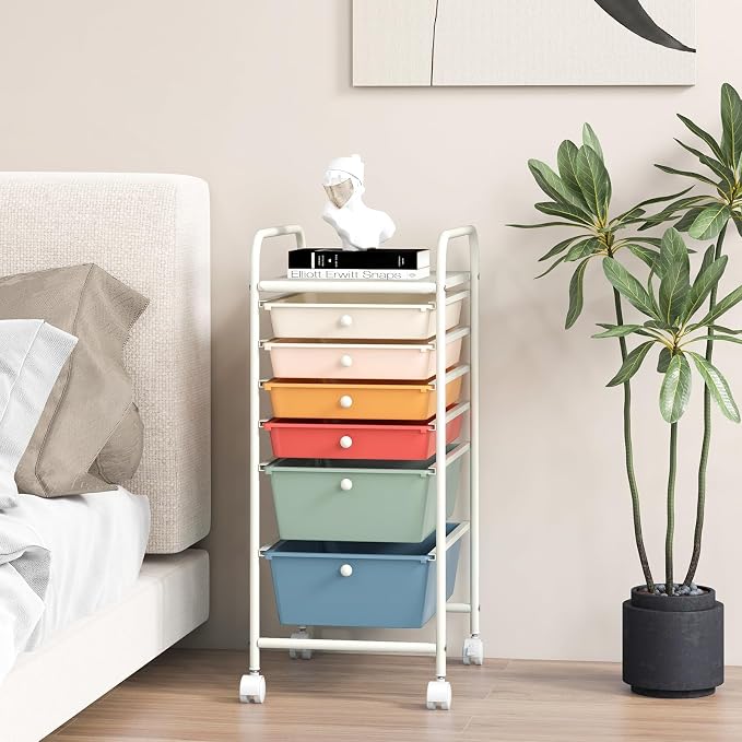 GOFLAME 6-Drawer Rolling Storage Cart, Multifunctional Art Craft Organizer Cart, Mobile Utility Storage Cart with Removable Drawers & Lockable Wheels, Craft Cart for Home Office, Macaron Color - Image 9