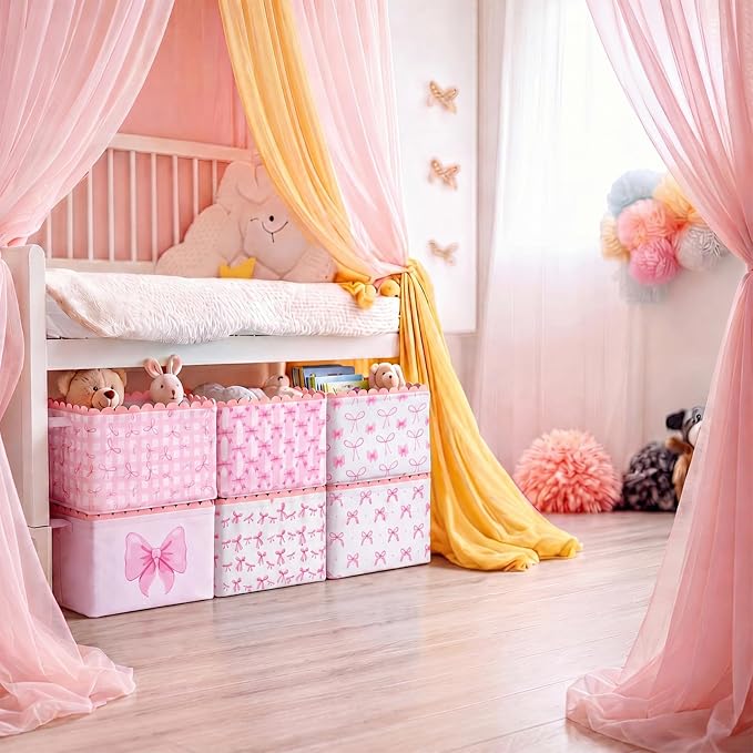 CHENGU 6 Pcs Pink Bow Storage Basket Large Collapsible Scalloped Storage Bin with Handle Preppy Girls Organizer Canvas Basket Candy Holiday Decor for Party Bedrooms Closet Nursery Home Decoration - Image 7