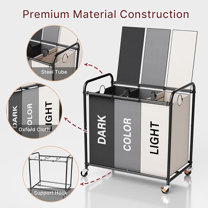 180L Laundry Sorter 3 Section with Lockable Wheels and Lid Multicolor | 3 Large Separate Removable Bags | Heavy Duty Rolling Laundry Basket | Laundry Hamper Cart for Laundry Room Organizer - Image 7