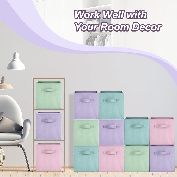 Hillban 24 Pcs Storage Cubes 11'' Collapsible Storage Bins Bulk Fabric Cubes Basket with Dual Handles Organizer Cube for Closet Toy Classroom Shelf Room (Solid Style,Pastel) - Image 6