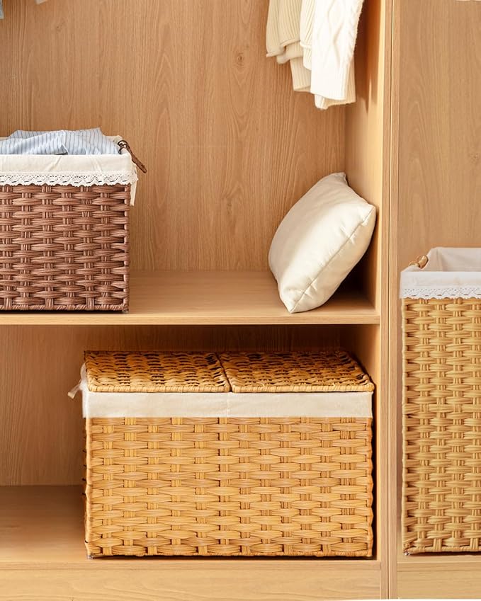 SETVSON Storage Basket with Lid, 2-Lid PE Rattan Storage Bin, Natural | 105L Storage Bin with 2 Separate Lids, 2 Removable Liners for Clothes & Blankets, Sturdy Metal Frame, PE Rattan - Image 7