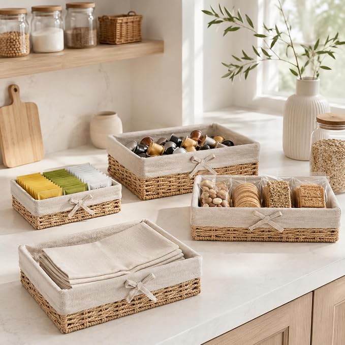 Baskets for Shelves Set of 4, Woven Paper Rope Storage, Khaki | Shallow Nesting Organizer Baskets with Removable Linen Liner, Pantry Bathroom Closet Cabinet Bookshelf storage, 9.8in-15.7in - Image 9