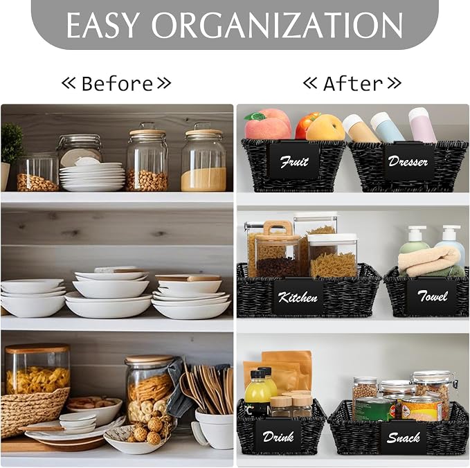 Marsui 9 Pcs Wicker Storage Baskets for Pantry Organization with Handle Labels Handwoven Multi-size Brown Small Organizer Baskets Storage Bins Container for Shelves Closet Toilet Christmas Holiday - Image 6