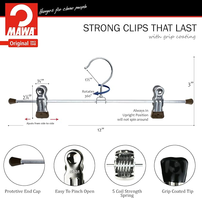 MAWA By Reston Lloyd Non-Slip-Space Saving Clothing Hanger for Pant/Skirts with Two Non-Slip Clips, Style K/30D, 12" Width, Set of 300, Black - Image 7