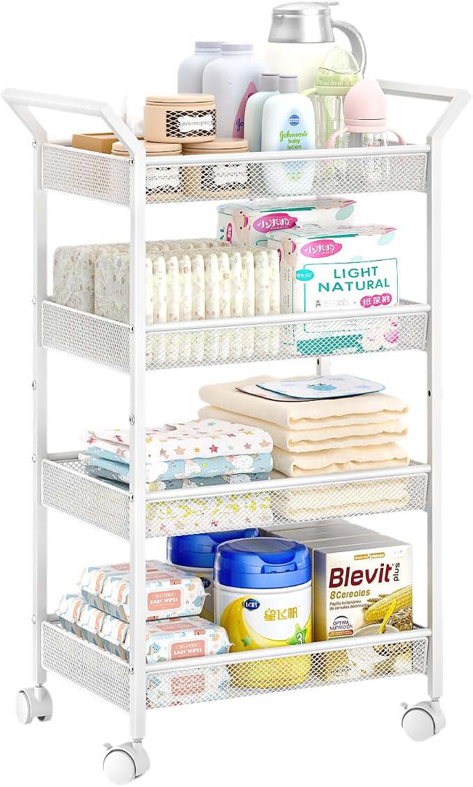 Baby Diaper Caddy Cart, 4-Tier Diaper Caddy Organizer and Storage, Rolling Utility Cart for Baby Supplies, Diaper Cart with Wheels for Bedroom, Nursery, Changing Table, White - Image 8