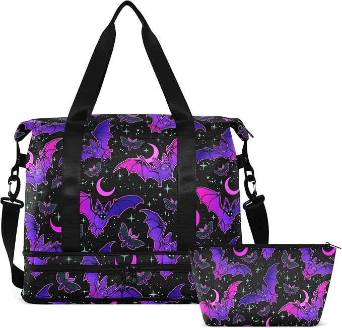 Travel Duffel Tote Bag Purple Bat Gothic Sports Duffel Bag with Wet Pocket Weekender Overnight Bag for Women Men Gym Bag, Carry On Bag Hospital Bag for Labor and Delivery - Image 8