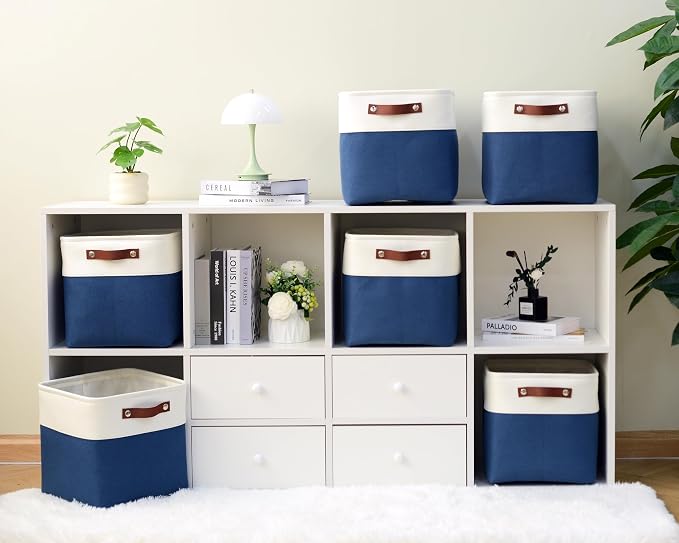 FinishingBo 11 inch Cube Storage Bin 6 Pack, Cube Organizer Bins | Fabric Storage Bins With Handles, 11x11 Storage Cubes, Shelf Basket, White/ Blue - Image 8