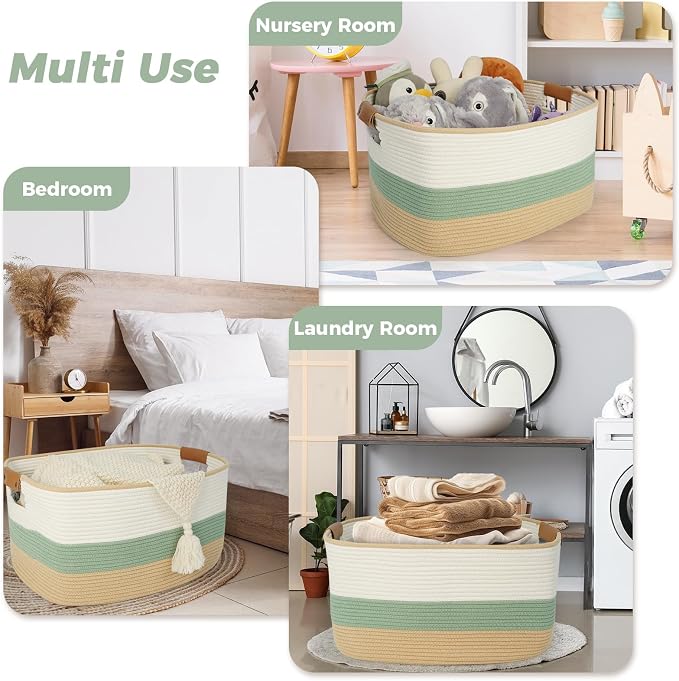 Large Woven Basket, 108L Rectangular Woven Storage Basket with Leather Handles, Stylish Organizer Bin for Home, Office, Laundry, Toys, or Blankets, 25’’*16’’*16’’ White & Green & Jute - Image 7