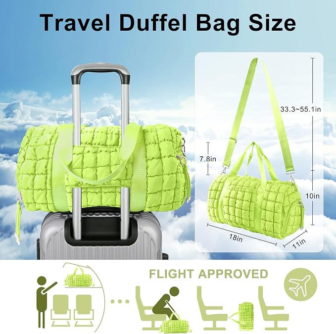 Quilted Travel Duffle Bag Gym Bag for Women,Large Puffer Duffle Weekender Bag with Compartment,Workout Overnight Carry on Organizer Bag Duffle Bag for Airplane Travel(Green) - Image 2