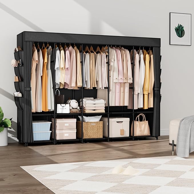 Portable Closet Storage, Portable Wardrobe Closet Organizer Clothes Rack wtih Cover, Hanging Rod, Storage Shelves and Side Pockets, Large Portable Closets for Hanging Clothes, Black - Image 8