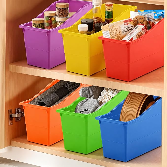 VZZNN 12 Pack Overlapping Classroom Storage Bins (Rainbow Colors) - Durable Book and Binder Holder, Plastic Vertical Storage Book Organizer Folder Classroom Organization Container Supplies - Image 7