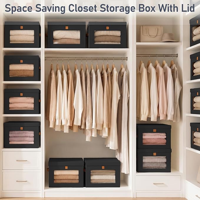DIMJ Storage Bins with Lids - 6 Pack Front Opening Stackable Fabric Storage Boxes with Clear Window & Handles, Collapsible Closet Organizers for Clothes, Sweaters, Shelf Storage, Bedroom, Black - Image 7