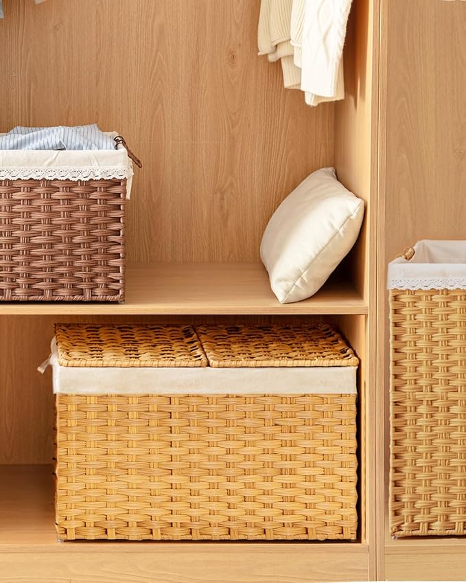 SETVSON Storage Basket with Lid, 2-Lid PE Rattan Storage Bin, Natural | 160L Storage Bin with 2 Separate Lids, 2 Removable Liners for Clothes & Blankets, Sturdy Metal Frame, PE Rattan - Image 7
