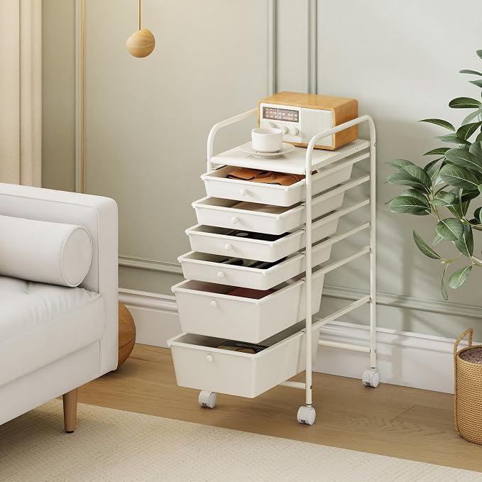 Giantex 6 Storage Drawer Cart Rolling Organizer Cart for Tools Scrapbook Paper Home Office School Multipurpose Mobile Utility Cart (Ivory) - Image 9