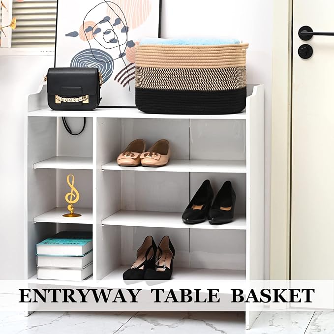Cotton Rope Storage Baskets for Organizing 1Pack 15"x10"x9" Woven Baskets for Storage,Shelf Baskets Cube Storage Bins Towel Baskets for Bathroom,Toys Baskets Nursery Basket Laundry Baskets(Black/Brown) - Image 8