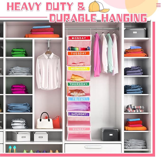 2 Pcs 7 Shelf Weekly Clothes Organizer for Kids Hanging Closet Organizer 11. 8 x 11. 8 x 50 Inches Daily Activity Kids Clothes Storage Drawers Cube Drawers Closet Hanging Shelves(Pink) - Image 7