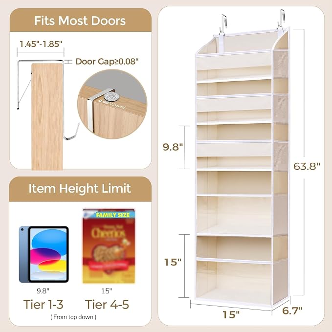 5 Tiers Over the Door Organizer with 10 Mesh Side Pockets, 44 lbs Weight Capacity Closet Hanging Storage Organizer with Large Clear Window Kids Toys, Shoes, Diapers, Beige,2 Pack - Image 8