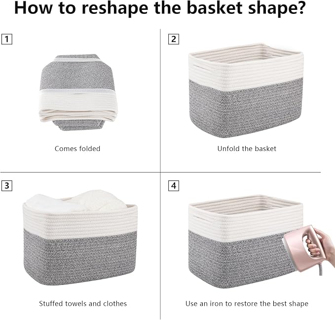 OIAHOMY 4 Pack Storage Basket, 13"x9"x7.8" Cotton Rope Baskets for Shelves, Closet Organizer for Bedroom & Living Room, Soft Decorative Bins for Organizing Towels, Books & Toys, Grey & White - Image 5