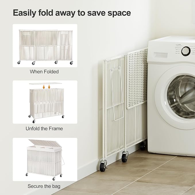 WOWLIVE Laundry Basket 3 Section, Handwoven Laundry Hamper with Wheels | Rolling Clothes Hamper with Lid and Divided Removable Bag, 160L Large Laundry Sorter, Laundry Room Organization, Creamy White - Image 7