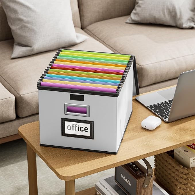 File Organizer Box with Lids, Collapsible File Folder Organizer | File Box with Plastic Slides for Document, Filing Bin for Letter Size Hanging File Folders (1 Pack, Silver, Leather) - Image 9