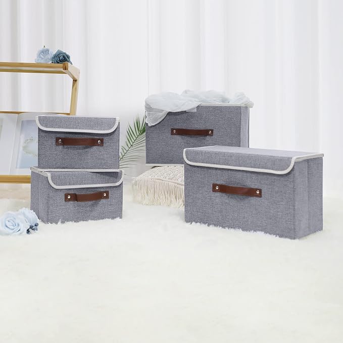 ANMINY Fabric Storage Box Bins with Lids, Gray, 10"x8"x7" | Keepsake Memory Storage, Cotton Linen, PP Board Reinforced, Washable, PU Handles, Foldable & Stackable, Decorative, Small - Image 7