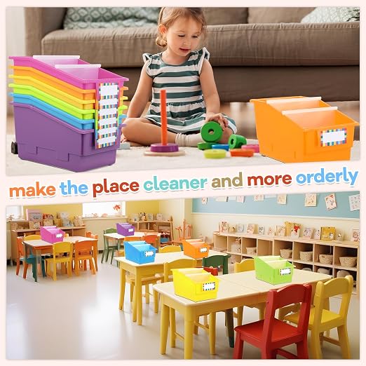 6 Pack Picture Book Bins with Dividers Plastic Book Holders with Labels Stackable Classroom Organization Bins Magazine File Binder Holder Storage Container for Library Home Office(Fluorescent Color) - Image 7