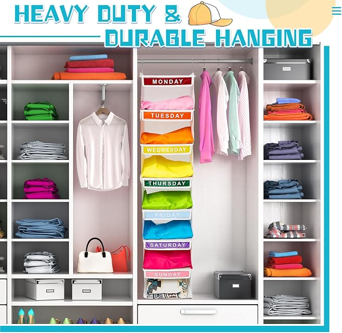2 Pcs 7 Shelf Weekly Clothes Organizer for Kids Hanging Closet Organizer 11. 8 x 11. 8 x 50 Inches Daily Activity Kids Clothes Storage Drawers Cube Drawers Closet Hanging Shelves(White) - Image 7