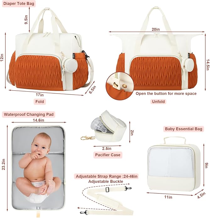 Diaper Tote Bag for Baby 6PCS, Large Mom Hospital Bags with Changing Pad | Mommy Bags for Labor and Delivery, Baby Shower Girl Boy Gift, Mama Bag with Pacifier Case Storage Bag and Shoulder Strap - Image 7