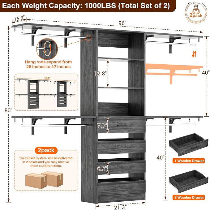 Aheaplus Closet System, Wood Closet Organizer System with Drawers,Black Oak | Set 2 Closet Wardrobe Organizer System with 4 Hanging Rods & Top Shelves, for Walk-in Closets, Cut Fits Spaces 4-9FT. Wide - Image 7
