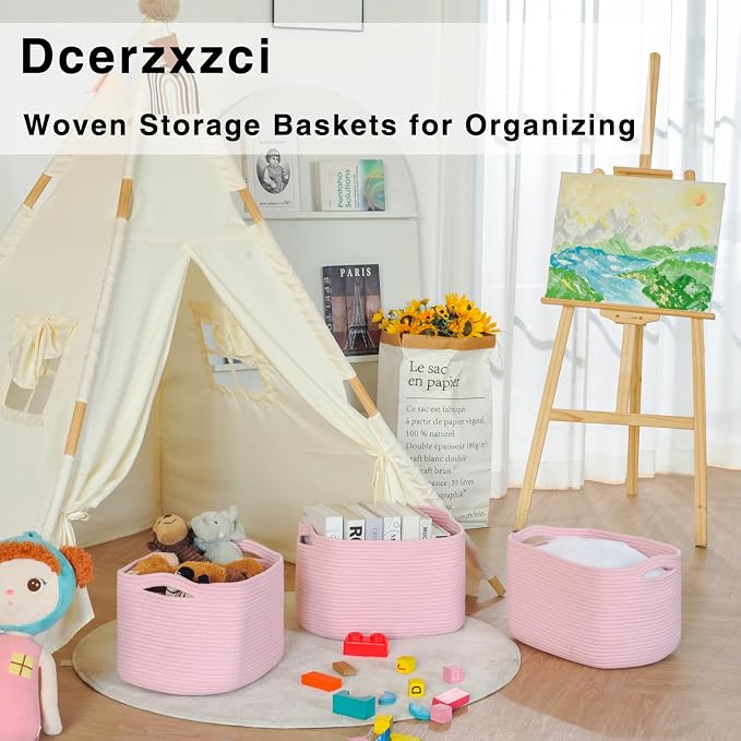 Pink Storage Baskets for Organizing Shelves, Woven Cotton Rope Baskets for Storage, Toy Basket for Kids, Cute Basket for Shelves Closet, 14.8"×11"×9.5", Pack of 3, Light Pink - Image 6