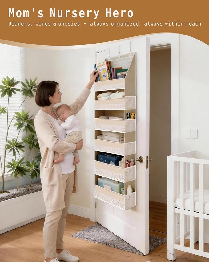 KMSCO Over The Door Organizer 6 Large +13 Mesh Side Pockets | 55lbs capacity, heavy duty non-woven fabric.Ideal for nursery, bathroom, pantry, closet. Beige, 2 pack. - Image 9