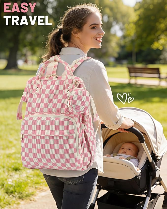 Corduroy Diaper Bag Backpack, Large Capacity Multifunction Baby Diaper Bags for Women, Insulated Bottle Pockets & Pacifier Case, Stylish Travel Nappy Changing Bags for Mom Dad (Checkered Pink) - Image 8