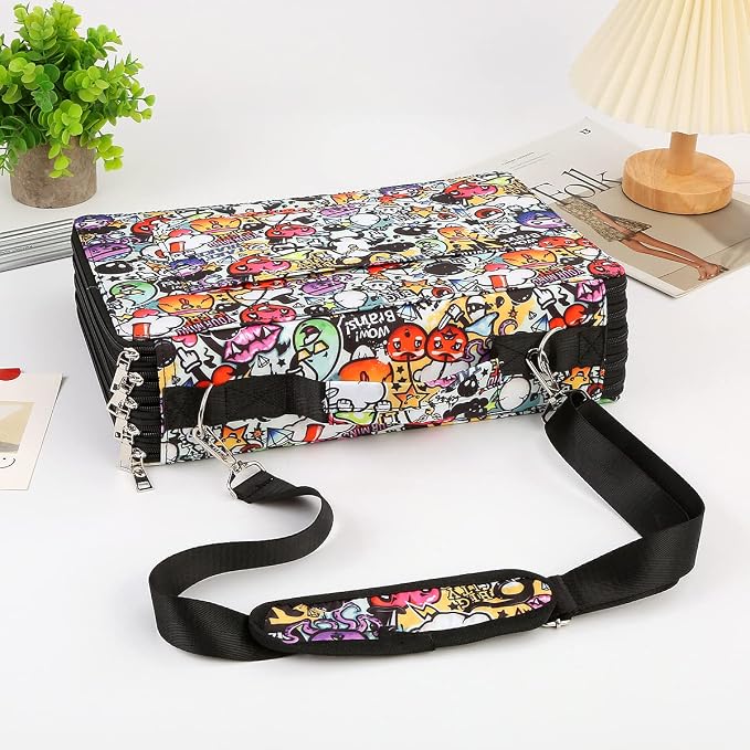 480 Slots Pencil Case, 5-Layer Organizer with Shoulder Strap | 5-layer twill oxford case with 480 elastic slots, carry handle, removable strap, and outer pocket for phone or keys. - Image 6