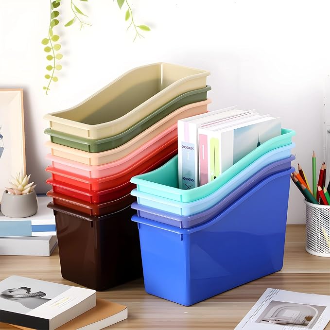 Teling 24 Pcs Plastic Book Bins Bulk for Classroom Interlocking Magazine Holder Organizer Folder Binder Storage Container Box with Name Labels for School Office Home Supply (Retro Earth Tone) - Image 7
