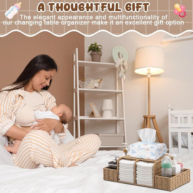 Large Wicker Diaper Caddy Organizer, Detachable Modular Changing Table Organizer for Nursery, Woven Diaper Storage Dispenser Basket for Nursery Diapering Baby Essentials Gift (Khaki,Paper) - Image 6