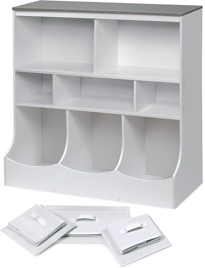 Badger Basket Combo Bin Toy Storage Unit and Book Shelf for Kids with 3 Baskets - White/Gray | Kids storage organizer with 3 removable baskets, open shelves & display top for toys, books, clothes & more. - Image 10