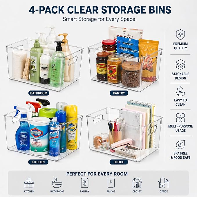 MOONEDGE 4 Pack Clear Plastic Storage Bins 11x8x6in Storage Containers | Drawer Organizer with Handles, Clear Bins for Organizing, Pantry, Kitchen, Fridge, Bath, Cabinet, Closet Shelf, Under-Sink - Image 8