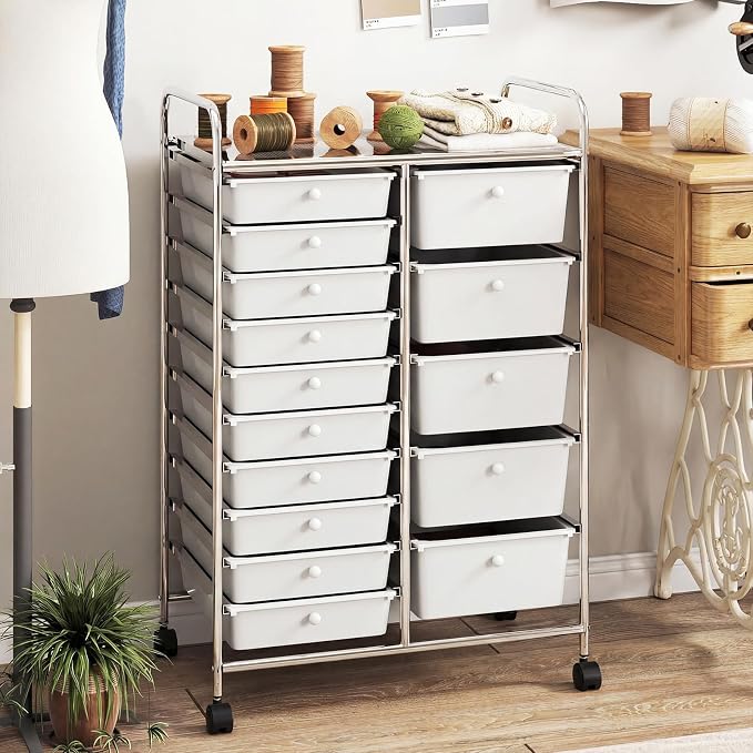 RELAX4LIFE 15-Drawer Rolling Storage Cart - Utility Cart with Metal Frame, Lockable Wheels & Removable Drawers, Multipurpose Art Craft Organizer for Home Office, Classroom (White) - Image 9