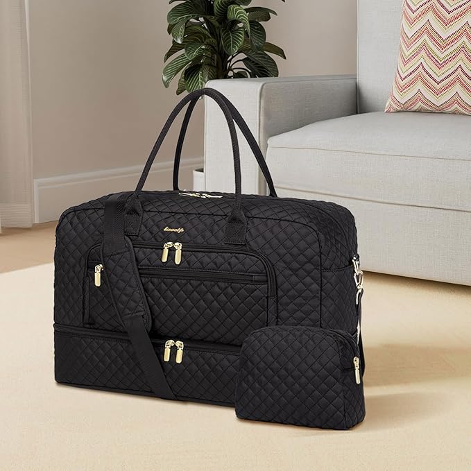 Large Travel Duffle Bags for Women: Weekender Bag with Shoe Compartment | Carry On Bag with Wet Toiletry Pocket & Wet Pocket for Overnight, Weekend, Hospital, Yoga, Business Trips, Sport, Gym, Black - Image 8