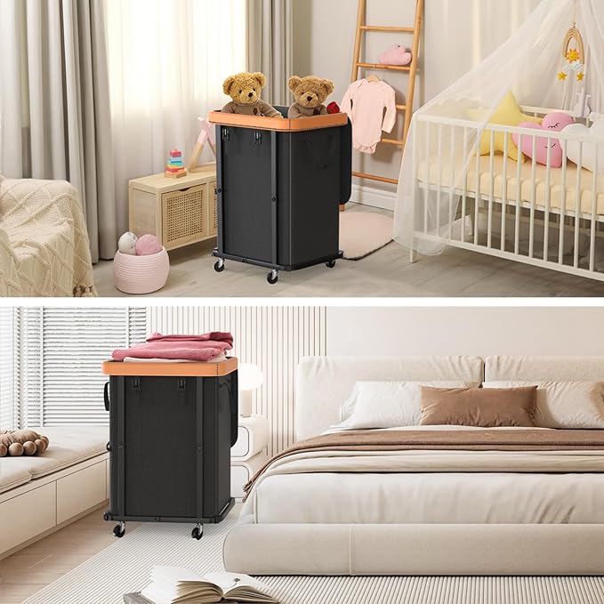 Laundry Hamper with Wheels,150L Leather Patchwork Clothes Hamper Black | Rolling Laundry Basket with Sturdy Metal Frame, Removable Washable Bag,Tall Clothes Sorter for Bedroom, Laundry Room, Dorm - Image 7