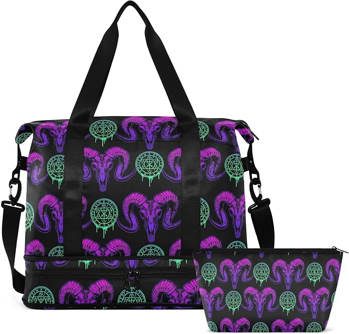 MNSRUU Mystical Ram Skull Sports Duffel Bag with Wet Pocket, Weekender Overnight Bag for Women Men, Gym Bag, Carry On Bag, Hospital Bag for Labor and Delivery - Image 8