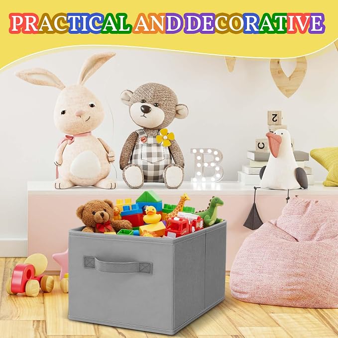 Yinder 4 Pcs Cube Storage Bin Gray 14''x10''x8'' Storage Bins for Playroom Decor Colorful Bins for Kids Foldable Baskets for Nursery Organizer Boxes Fabric Boxes - Image 7