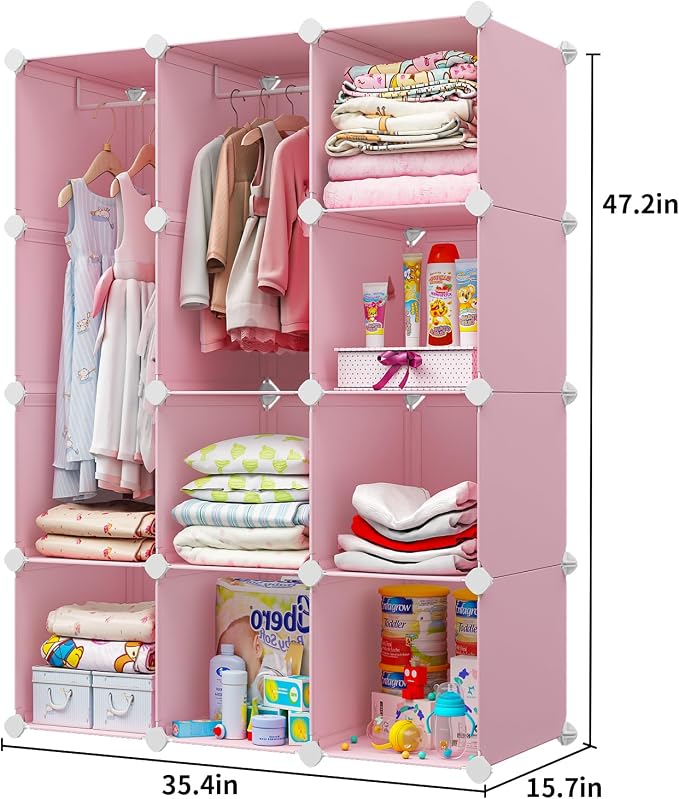 VIPZONE Baby Dresser, Kids Closet Organizers, Portable Kids Wardrobe for Closet, Bedroom, Nursery, Cubby, Cabinet, Clothes, Dress, Baby Storage Shelf, Armoire Clothes Hanging (12 Cube, Pink) - Image 7